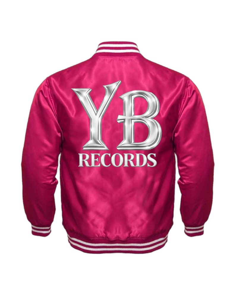 Pink satin YB Records varsity jacket, back with white lettering