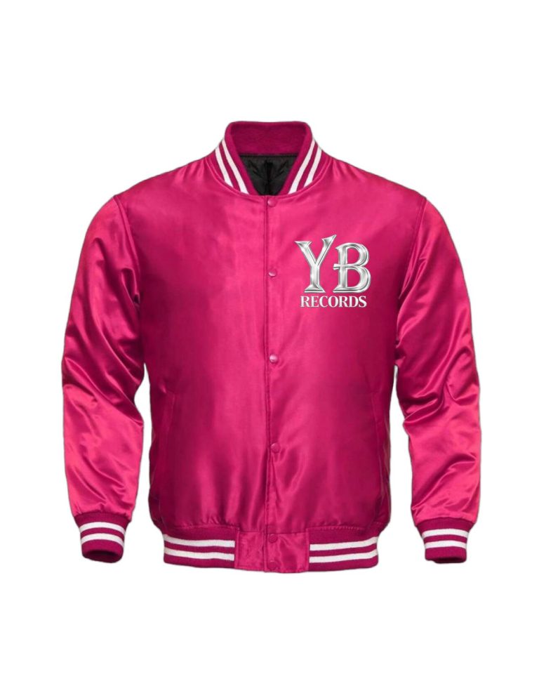 Pink satin YB Records varsity jacket, front with white lettering