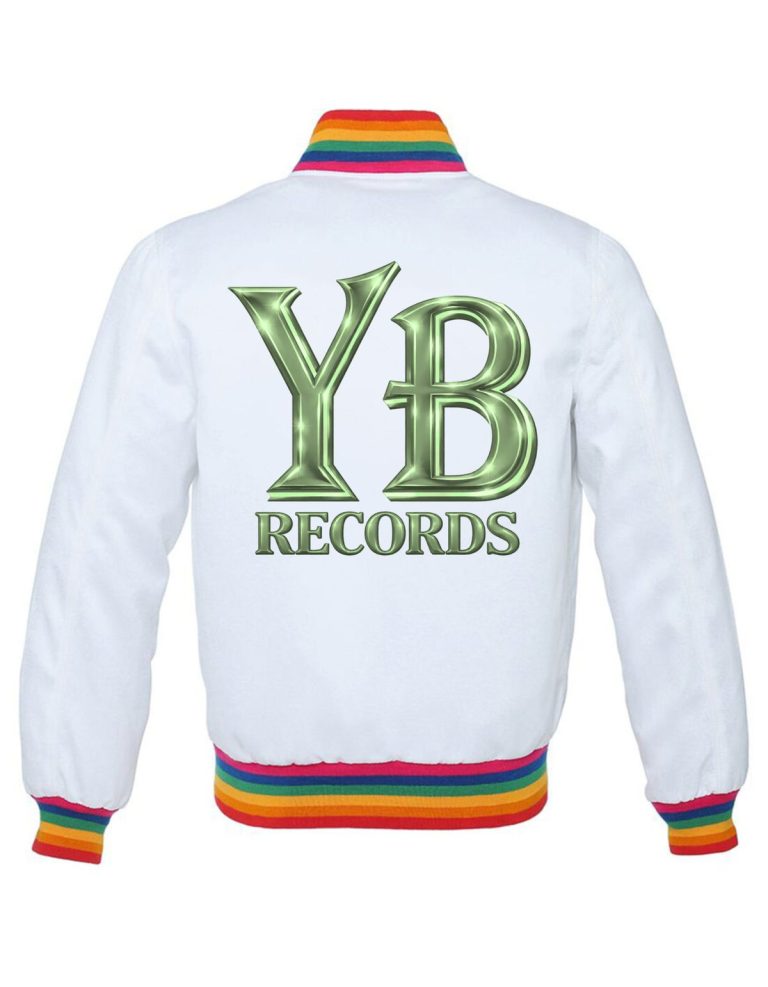 White satin YB Records varsity jacket with rainbow trim, back with green lettering