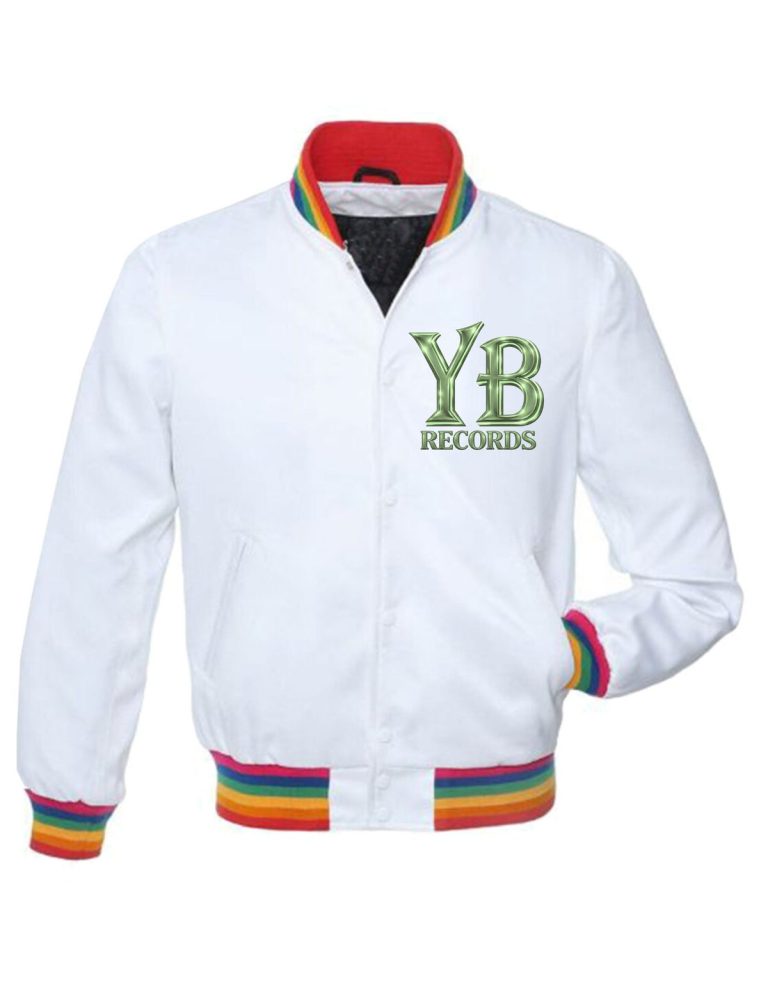 White satin YB Records varsity jacket with rainbow trim, front with green lettering