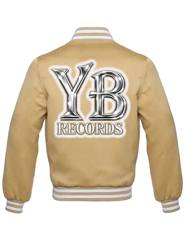Sand brown satin YB Records varsity jacket, back with white and black lettering