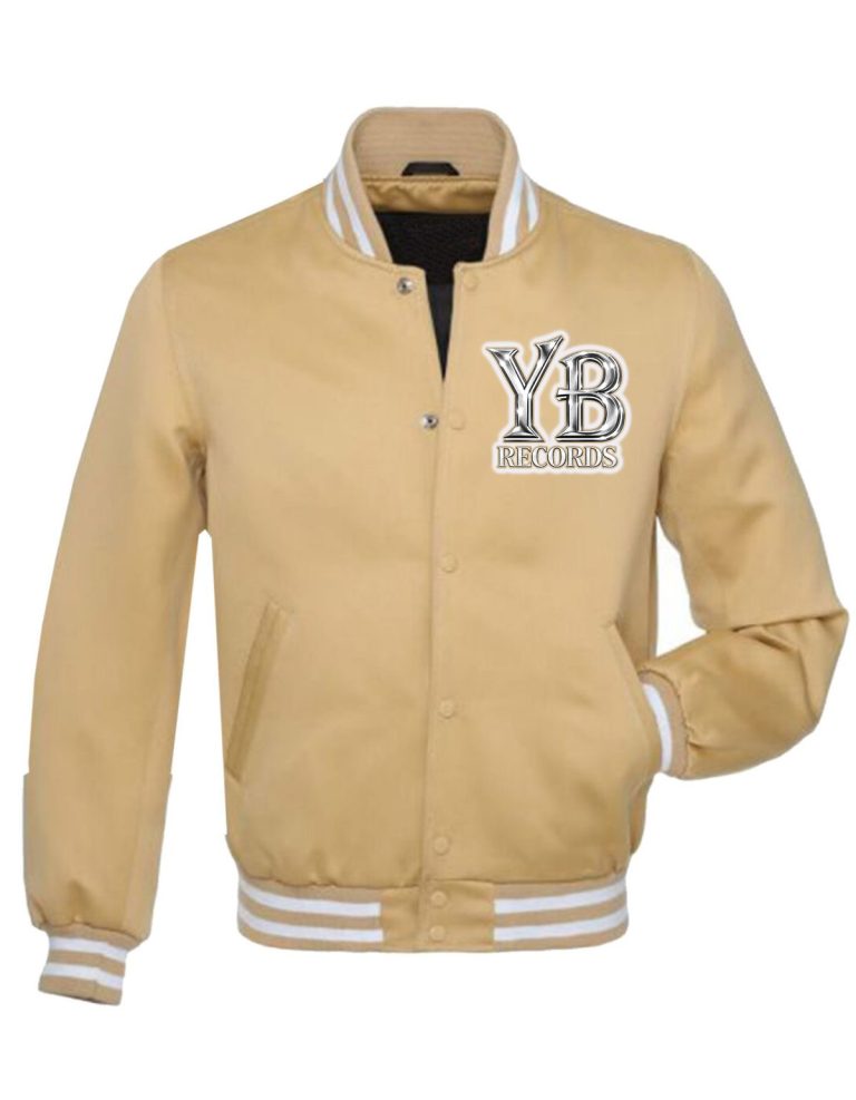 Sand brown satin YB Records varsity jacket, front with white and black lettering