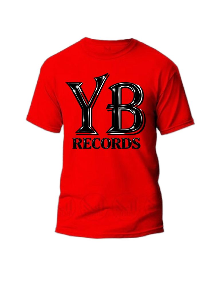 Red YB Records t-shirt with black lettering