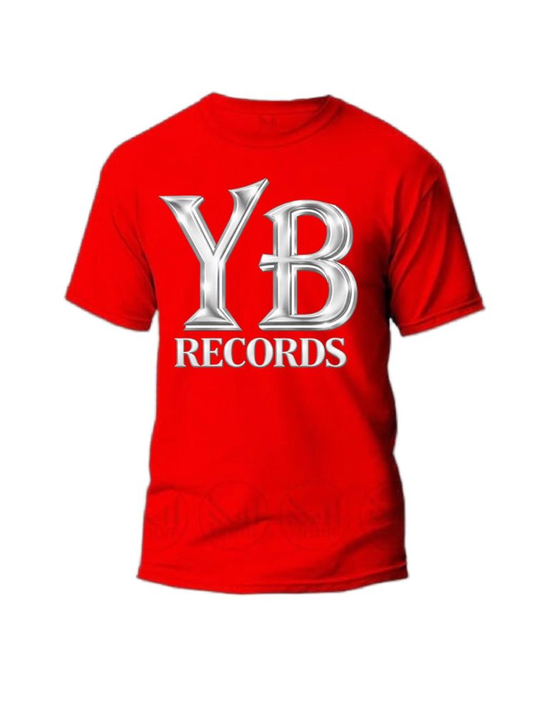 Red YB Records t-shirt with white lettering