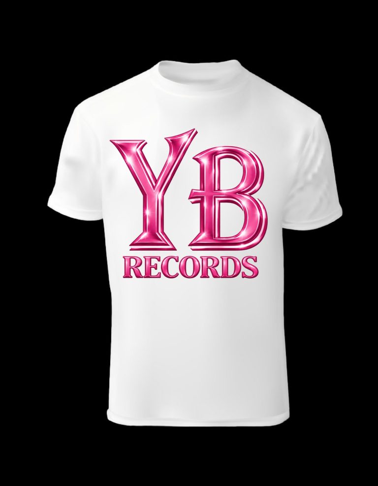 White YB Records t-shirt with pink lettering